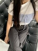 ロヘットリボンストラップコルセットビスチェブックルニットトップ / Rohet Ribbon Strap Corset Bustier Boucle Knit Top