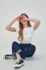ワイドフィットハートシェープ刺繡ジーンズ/WIDE FIT HEART SHAPE EMBROIDERY JEAN [6887]