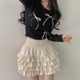 Kanu Ribbon V-Neck Semi-Crop Long-Sleeved Slim Knitwear (4 colors)
