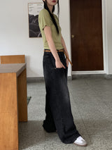 ビゼンY2Kレタリングスナップボタンリブクロップド半袖Tシャツ / Vizen Y2K Lettering Snap Button Ribbed Cropped Short-Sleeved T-Shirt