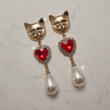 メルビーザキャットシリーズ - エメラルドスクエアアンドパールピアス / Melbie The Cat Series - Emerald Square and Pearls Piercing