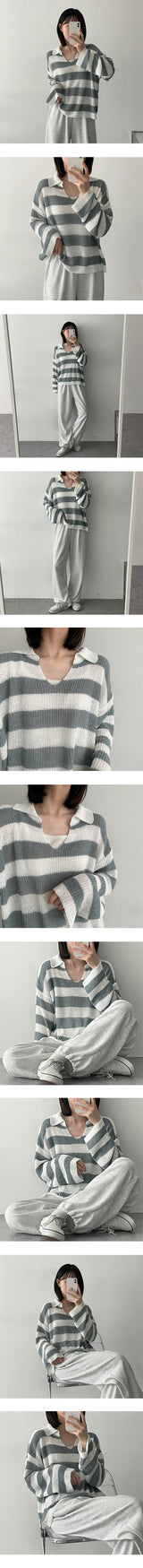 ヒティーブックルカラーストライプニットウェア / Hitty Bookle Collar Striped Knitwear