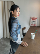 Denim see-through long sleeve top