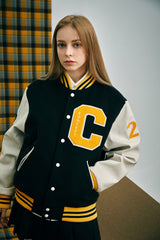 Big Patch Black Ivory Baseball Jacket / Varsity Jacket