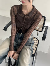 ルーティングウェーブシースルークロップド長袖ブラウス / Rooting wave see-through cropped long-sleeved blouse