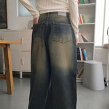 Kama yellow washed vintage long wide denim pants