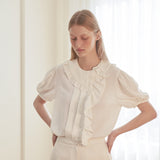 [LINE] Unbalanced Shirring Frill Blouse (Ivory) (6696315584630)