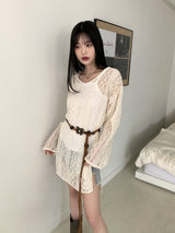 イービーボヘミアンパンチングレースミニワンピース / [Belt Set] Eevee Bohemian Punching Lace Mini Dress