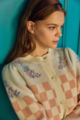 chess flower Jacquard 100%wool cardigan_honeysuckle (6655892029558)