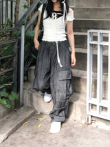 linen denim big pocket balloon cargo pants
