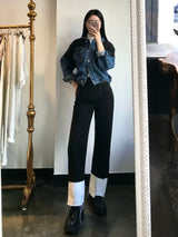 SEMI WIDE FIT BLACK+WHITE DENIM PANTS [17723]