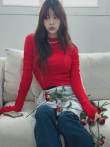 Apple red shirring long sleeve knit