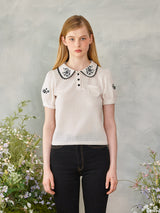ブラックフラワーラウンドカラーニット / Black Flower Round Collar Knit