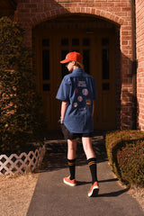 ベースボール刺繍ユニセックス半袖シャツ / Baseball Grand Embroidery Short-Sleeved Unisex Denim Shirt