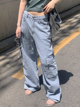 ビソップサマーフードファブリックワイドカーゴデニムパンツ / Bisopp Summer Hooded Fabric Wide Cargo Denim Pants
