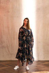 "PRE-ORDER 4/16~" VINTAGE FLOWER UNBALANCE FLARE SKIRT (Navy) (6546128273526)
