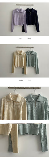ビーズツイストパターンカラーハーフジップアップニットウェア / Bead Twisted Doughnut Patterned Collar Half Zip-up Knitwear