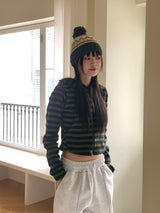 【裏起毛】ストライプニット フード付き ジップアップ