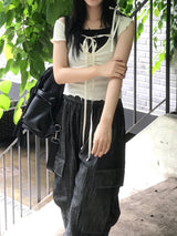 romantic lovely ribbon choker frill ribbed T-shirt