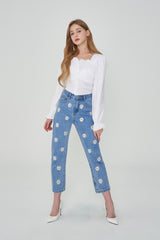 ストレートフィットフラワー刺繍デニムパンツ/IZ*ONE CHEWON, LOVELYZ KEI, ROCKET PUNCH YEONHEE WORN STRAIGHT FIT FLOWER EMBROIDERY DENIM PANTS [6663]