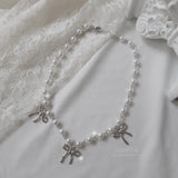 [IVE Rei Necklace] Three Ribbons Pearl Choker Necklace - Silver Color