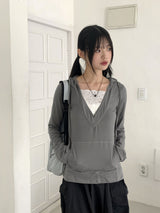 RtiビンテージVネックレースフード長袖Tシャツ