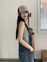 モンドナーフリンジポケットサスペンダーバックオープンロングデニムワンピース / Mondner Fringe Pocket Suspenders Back Open Long Denim Dress