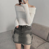 Gray cargo denim mini skirt