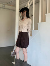 トリーVネックシャーリングプリーツクロップドロングスリーブTシャツ