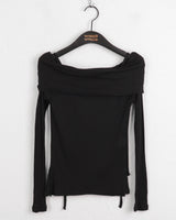 ツイルリボンストラップオフショルダースリットクロップドロングスリーブTシャツ