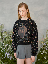 フラワーキャットレタリングスウェットシャツ / Flower Cat Lettering Sweatshirt (Black)