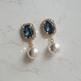 Elegant Oval Crystal and Pearl Piercing - Deep Blue