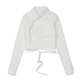 Crop Lace-Up Ribbon Shirt [WHITE] (6618557612150)