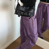 Kui パープルピグメントカーゴバックバンディングロングワイドデニムパンツ