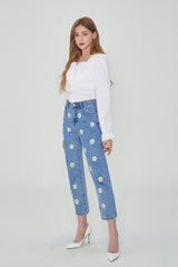 ストレートフィットフラワー刺繍デニムパンツ/IZ*ONE CHEWON, LOVELYZ KEI, ROCKET PUNCH YEONHEE WORN STRAIGHT FIT FLOWER EMBROIDERY DENIM PANTS [6663]