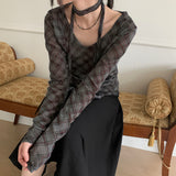 [Scarf set] Felde check see-through shirring long sleeve t-shirt