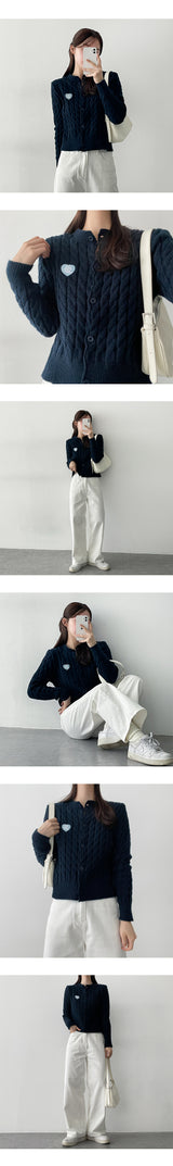 Heart embroidery twisted knit cardigan
