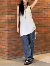 スクエアサイドストリングロングフードノースリーブシャツ / square side string long hooded sleeveless shirt