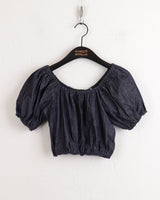 ミネンデニムオフショルダークロップド半袖ブラウス / Minen Denim Off Shoulder Cropped Short Sleeve Blouse