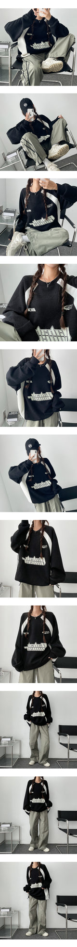 Chessey Hem String Coloring Loose Ribbed Sweatshirt