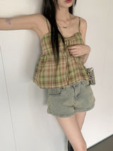リペンチェックカップ付きシャーリングリボンストリングキャミソール / Lipen Check Cap-Included Shirring Ribbon String Sleeveless
