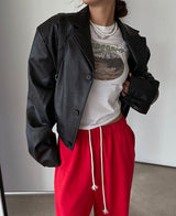 （UNISEX）グリッツボタンクロップレザーブルゾン