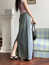 ホティヴィンテージウォッシング夏デニムマキシロングスカート/Hotty Vintage Wash Summer Denim Maxi Long Skirt