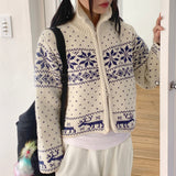 Sikok Snow Flower Nordic Pattern Two-Way Knit Zip-Up Cardigan
