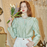 Flower Embroidered Pintuck Blouse (Yellow Green) (6681270714486)