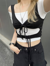 レイヤードストラップホールリボントップ / Layered Strap Hole Ribbon Top