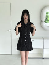 ウェディーンデニムステッチシャツ半袖ミニワンピース / Wadeen Denim Stitch Shirt Short Sleeve Mini One Piece