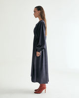 V-NECK CREASE SHIRRING ONEPIECE - DARK GRAY (6635995660406)