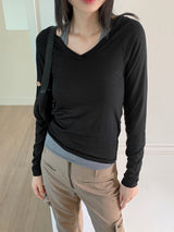 リップルホルターレイヤードVネッククロップド長袖Tシャツ