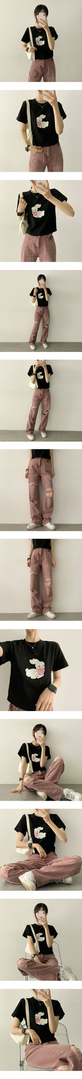 Deep washing damage color denim wide pants
